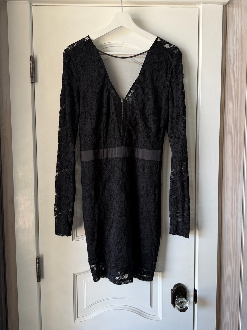 bebe Black Lace Long-Sleeve V-Neck Cocktail Dress